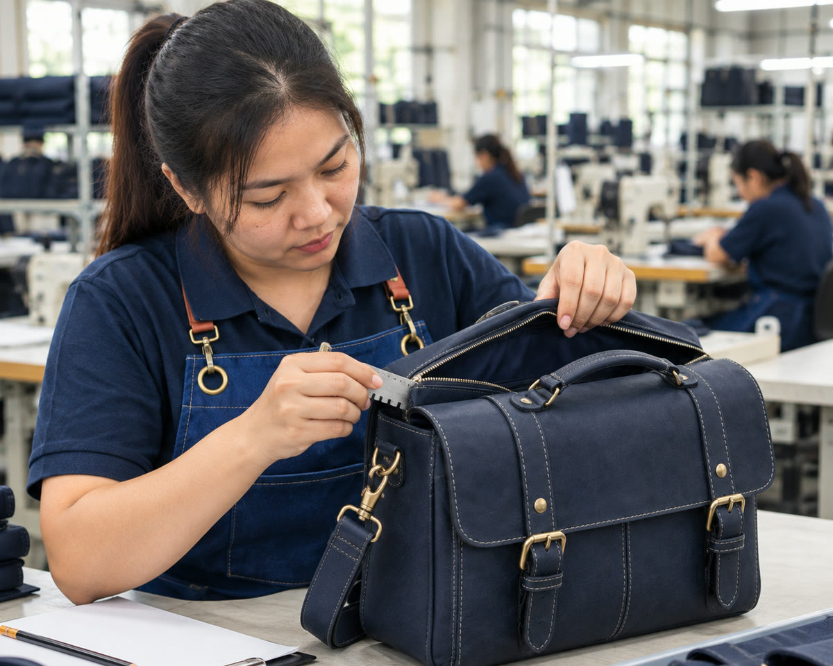 เจ้าหน้าที่ตรวจรอยเย็บและซิปของกระเป๋าสีกรมท่า